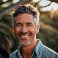 Homme souriant avec chemise en plein air ensoleillé.