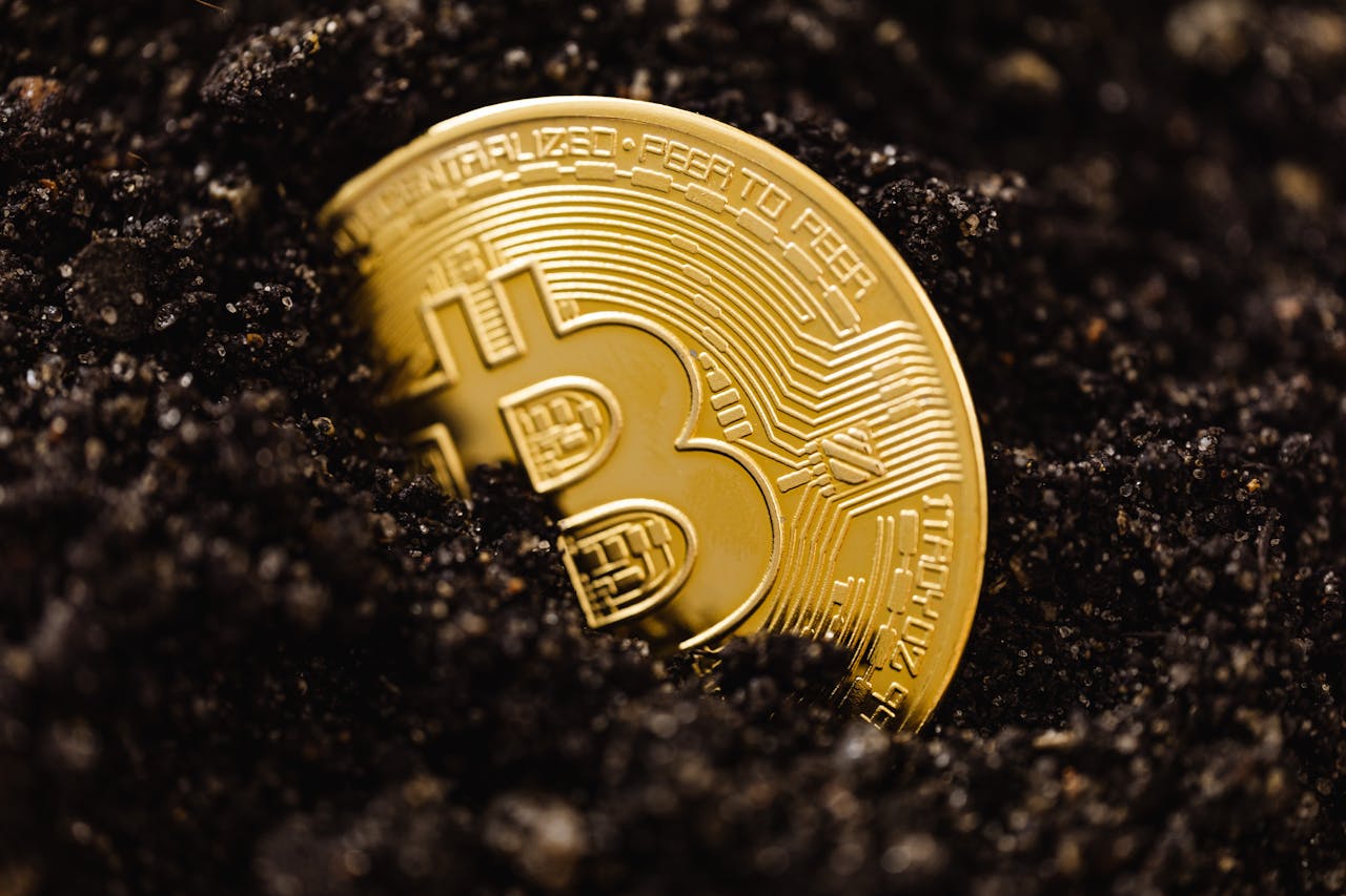 services-02 Golden Bitcoin partially buried in dark soil, signifying investment growth.